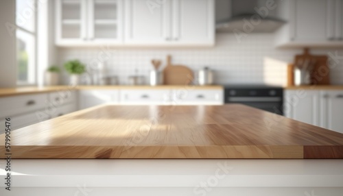Wooden Board Empty Table Top on White kitchen, Wooden Table Kitchen Countertop Created with Generative AI technology