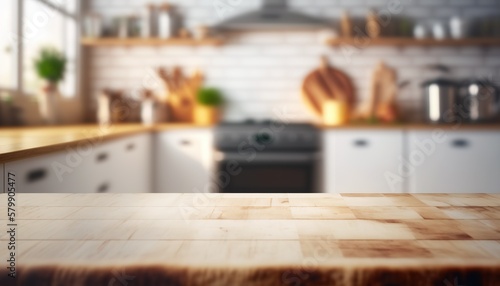 Wooden Board Empty Table Top on White kitchen, Kitchen background Created with Generative AI technology