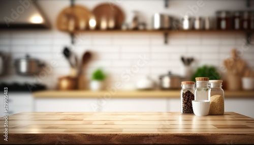 Wooden Board Empty Table Top on White kitchen, Desk Space in Kitchen Created with Generative AI technology