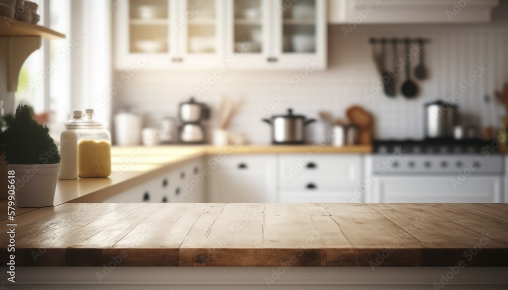 Fototapeta premium Wooden Board Empty Table Top on White Kitchen, Interior of Kitchen In New Luxury Home Created With Generative Ai Technology