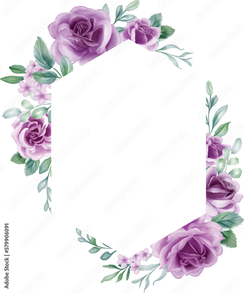 Rose Purple Watercolor flower frame. lilac flower elements, botanical background or wallpaper design, prints and invitations, and postcards.Print