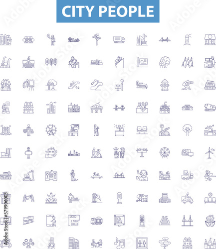 City people line icons, signs set. Urbanites, Townspeople, Metropolitans, Dwellers, Municipals, Inhabitants, Citizens, Residers, Constituents outline vector illustrations.