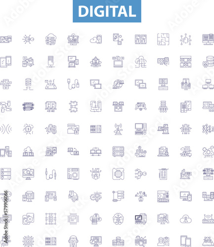 Digital line icons, signs set. Digital, Technology, Electronics, Computing, Networking, Social, Media, Internet, Online outline vector illustrations.