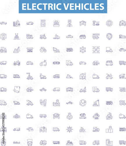Electric vehicles line icons, signs set. Electric, Vehicles, EVs, Battery, Hybrid, Plug in, Power, Charging, Motors outline vector illustrations.