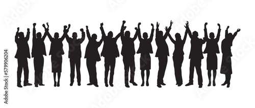 Silhouettes group of people raised their hands up vector.