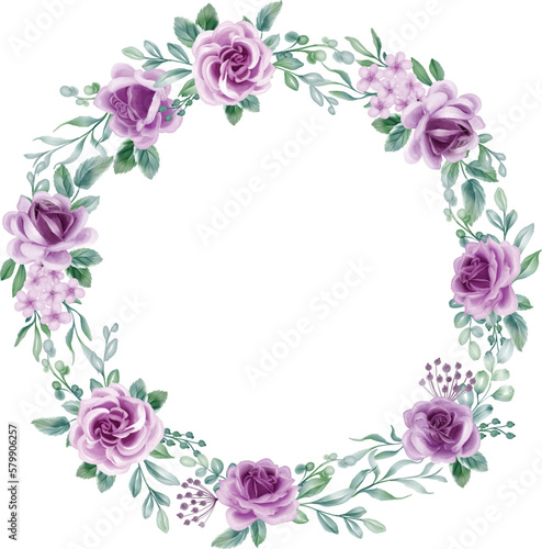 Rose Purple Watercolor flower Wreath. lilac flower elements, botanical background or wallpaper design, prints and invitations, and postcards. © orchidart