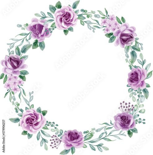 Rose Purple Watercolor flower Wreath. lilac flower elements, botanical background or wallpaper design, prints and invitations, and postcards.