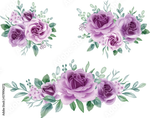 Purple Rose Watercolor floral arrangement bouquet. Luxurious floral lilac elements, botanical background or wallpaper design, prints and invitations, and postcards.