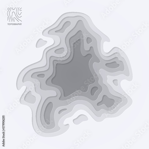 Abstract smooth origami shape paper cut topographic background. Papercut multi layers gray color texture, curved layers and elevation contour lines vector illustration