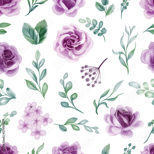 Fototapeta Naklejka Na Ścianę i Meble -  Purple Rose Watercolor floral seamless pattern. Luxurious floral backgrounds, textile or wallpaper design, prints and invitations, and postcards.