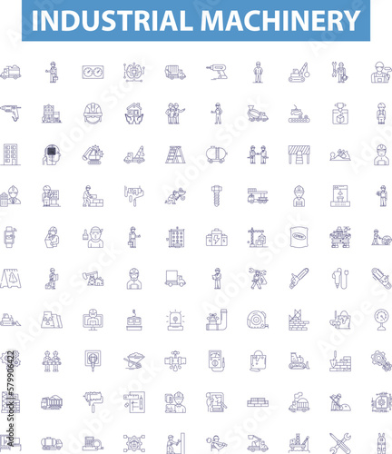 Industrial machinery line icons, signs set. Machinery, Industrial, Equipment, Factories, Manufacturing, Lathes, Mills, Automation, Tools outline vector illustrations.