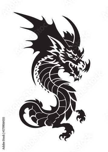 Abstract dragon with open mouth closeup. Good for tattoo. Editable vector monochrome image with high details isolated on white background
