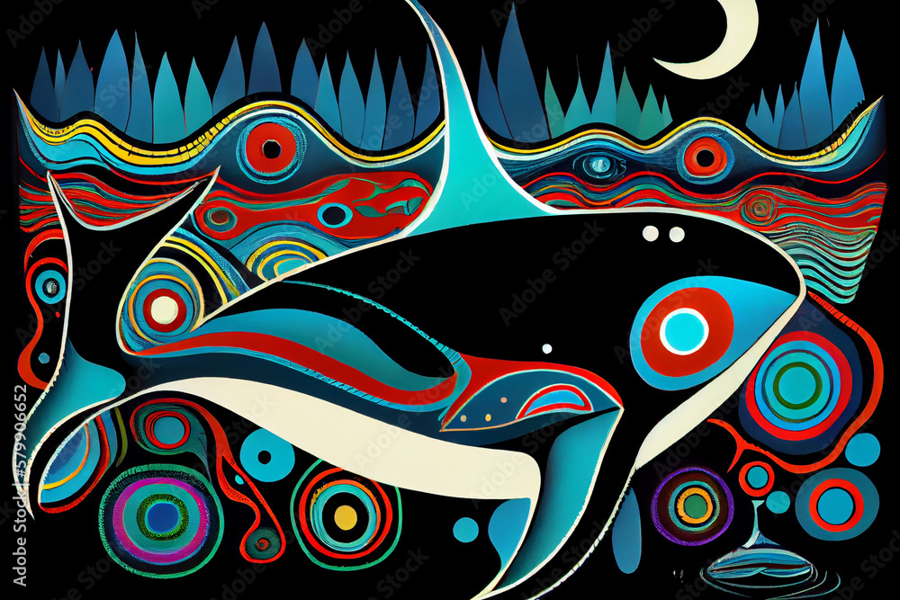 Illustration of a orca in an North American indegnous style. Generative AI. Illustration of a orca in an North American indegnous style. Generative AI.