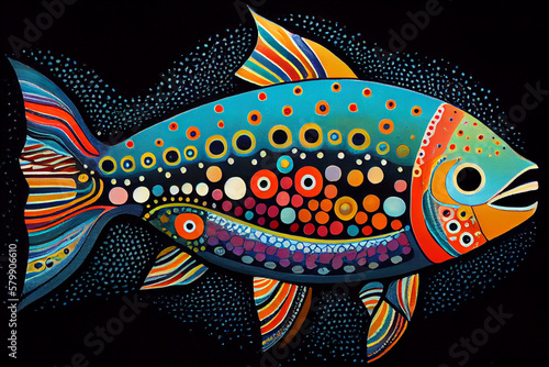 Illustration of a fish in an North American indegnous style. Generative AI.