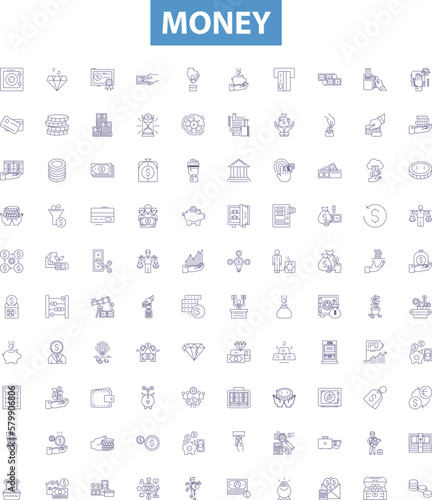 Money line icons, signs set. Cash, Currency, Wealth, Funds, Riches, Capital, Finances, Bank, Coins outline vector illustrations.