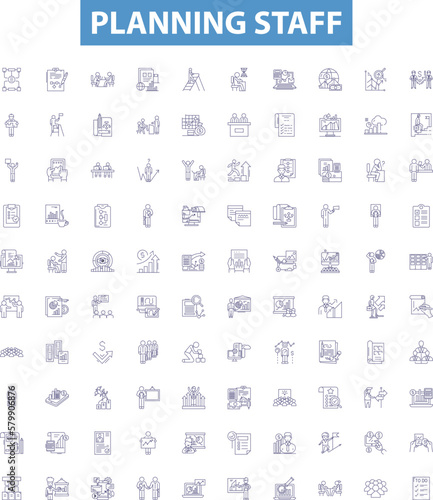 Planning staff line icons, signs set. Staffing, Planning, Organization, Scheduling, Assignment, Human, Resources, Team, Recruiting outline vector illustrations.