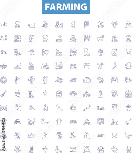 Farming line icons, signs set. Cropping, Cultivation, Agriculture, Tillage, Irrigation, Harvesting, Planting, Livestock, Pest control outline vector illustrations.