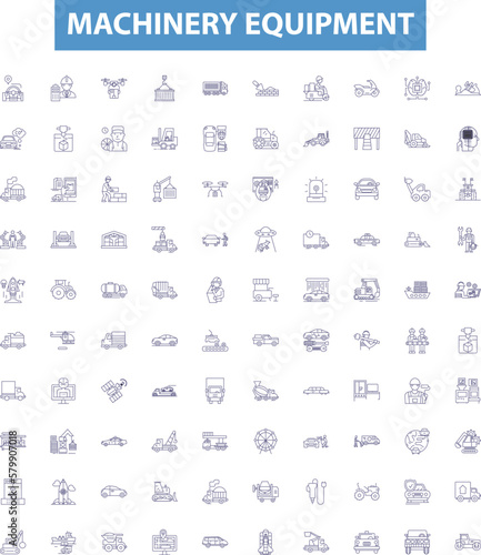 Machinery equipment line icons, signs set. Machinery, Equipment, Tools, Gears, Motors, Parts, Drives, Controls, Systems outline vector illustrations.