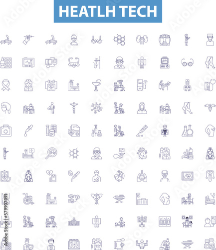Heatlh tech line icons, signs set. healthtech, medicaltech, telemedicine, ehealth, digitalhealth, mHealth, healthcaretech, AIhealth, wellnesstech outline vector illustrations.