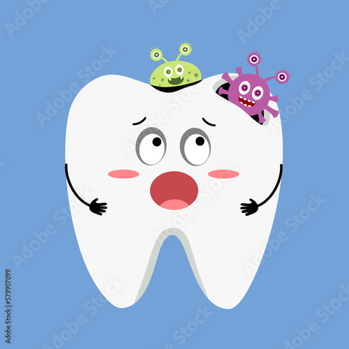 Caries tooth with bacteria cartoon in flat design. Dental cavity problem.