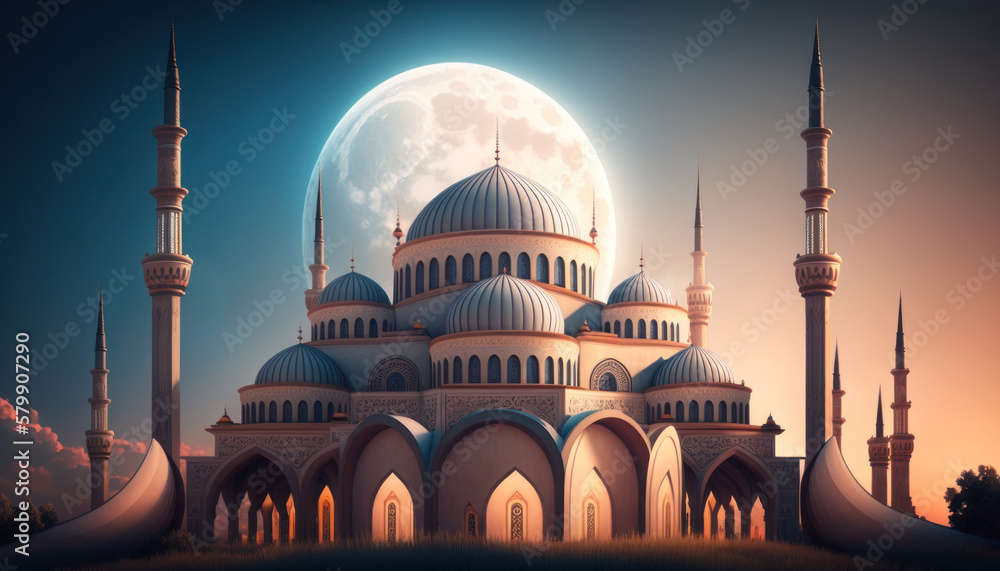 Modern Architecture of Islamic Mosque at night. Ramadan, Eid Mubarak concept. Generative AI.