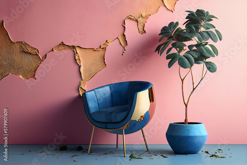 Stylish and Sustainable Enhance Kintsugi Wall  sofa  plant with a Plant Pot on a Beautifully Mended Kintsugi Wall Background