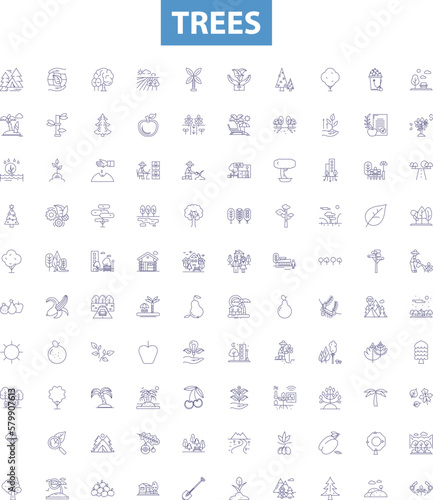 Trees outline icons collection. Tree, Oaks, Maple, Pines, Cedars, Ashes, Elms vector illustration set. Birches, Sycamores, Alder line signs