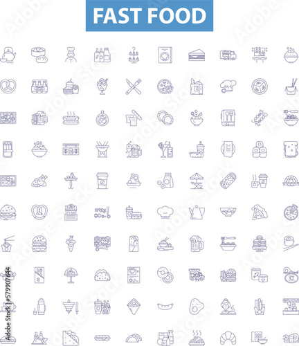 Fast food line icons, signs set. Burger, Taco, Fries, Pizza, Kebab, Sandwich, Hotdog, Takeaway, Donut outline vector illustrations.
