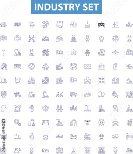 Industry set line icons, signs set. Factory, Industrial, Manufacturing, Business, Trade, Plant, Workshop, Production, Marketplace outline vector illustrations.