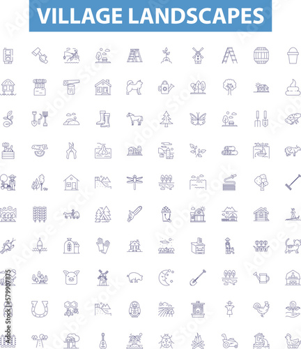 Village landscapes line icons, signs set. Village, Landscape, Vistas, Horizon, Suburbs, Fields, Houses, Cottages, Huts outline vector illustrations.