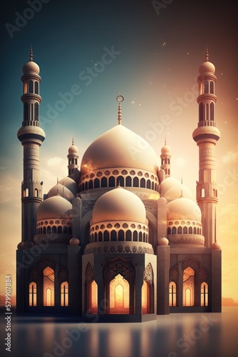 Modern Architecture of Islamic Mosque. Ramadan  Eid Mubarak concept. Generative AI.