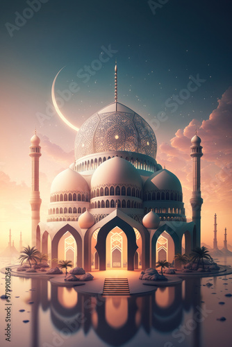 Modern Architecture of Islamic Mosque. Ramadan, Eid Mubarak concept. Generative AI.