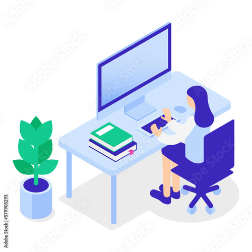 デスクで座ってパソコンを使っている女性事務スタッフのアイソメトリックイラスト