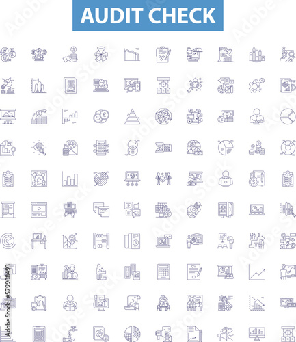 Audit check line icons, signs set. Inspection, Assessing, Verifying, Evaluation, Examining, Monitoring, Scrutiny, Checking, Testing outline vector illustrations.