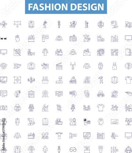 Fashion design line icons, signs set. Fashion, Design, Garment, Apparel, Style, Clothing, Trend, Textile, Pattern outline vector illustrations.