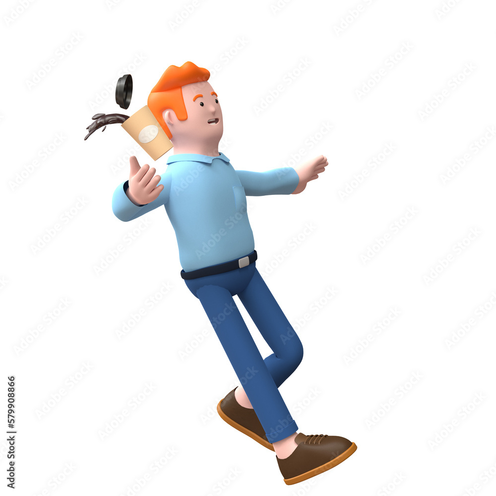 3d render adult male slipped and spilling coffee while walking 3d render adult male slipped and spilling coffee while walking