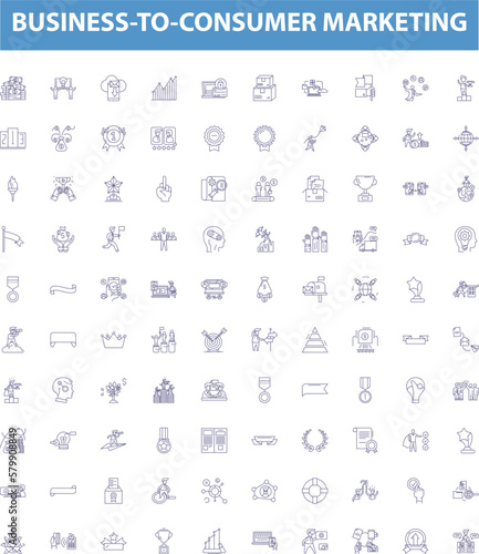 Business-to-consumer marketing line icons, signs set. BC, Ecommerce, Retail, Selling, Promotion, Advertising, Branding, Targeting, Personalization outline vector illustrations.
