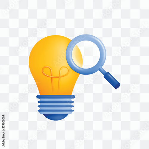 3d icon realistic render style of lamp or bulb inverted with magnifying glass, metaphor of looking for ideas or thoughts, brainstorming in research and development. Can be used for websites, apps, ads