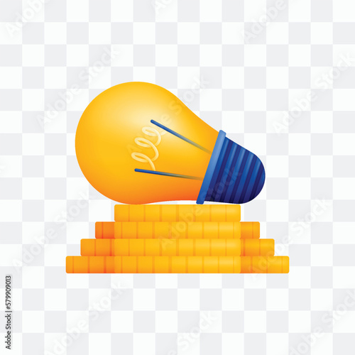 3d icon realistic render style of lamp or light bulb lying on pile of coins money, metaphor of ideas and thoughts to manifest wealth and financial freedom. Can be used for websites, apps, ads, poster