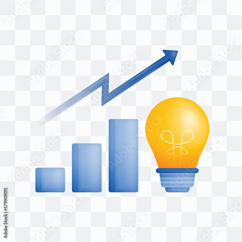 3d icon realistic render style of bulb and lights with increase in bar charts and arrows, metaphors from ideas to increase wealth, profit margin or sales. Can be used for websites, apps, ads, poster