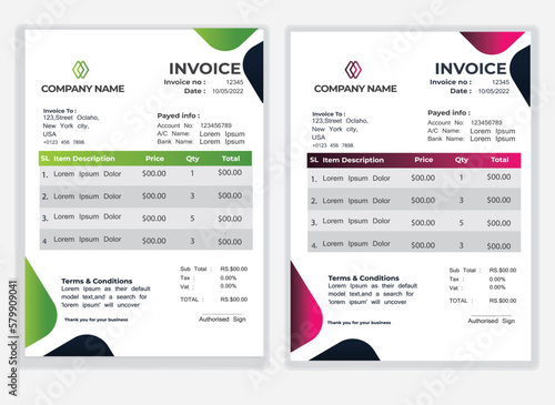 Business Minimal Corporate Invoice design template vector illustration bill form price. Creative template and stationery design payment agreement design template Cash Memo, Vector Quotation Design