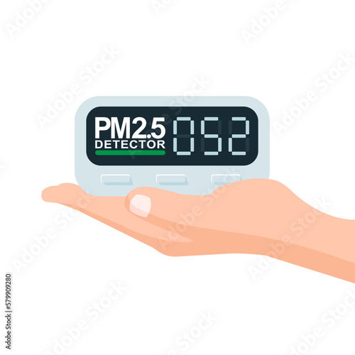 PM 2.5 Air pollution quality monitor device on hand isolated on white background. Vector illustration cartoon flat design.