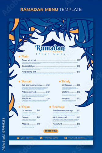 Ramadan iftar menu template with grass design in blue white background