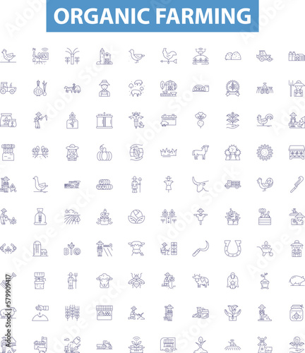 Organic farming line icons, signs set. Organic, Farming, Agriculture, Crops, Soil, Pesticides, Herbicides, Fertilizers,Compost outline vector illustrations.