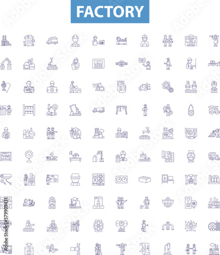 Factory line icons, signs set. Factory, Manufacturing, Industrial, Plant, Workshop, Mill, Production, Assembly, Manufacturing outline vector illustrations.