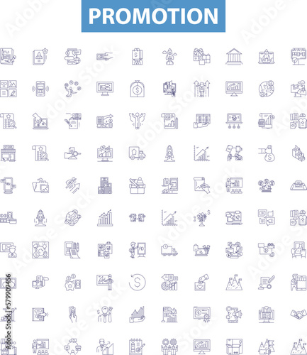 Promotion line icons, signs set. Advertising, Push, Campaign, Launch, Event, Sales, Upsell, Investment, Subsidiary outline vector illustrations.