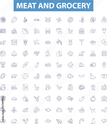 Meat and grocery line icons, signs set. Meat, Grocery, Butcher, Poultry, Produce, Beef, Pork, Ham, Sausage outline vector illustrations.