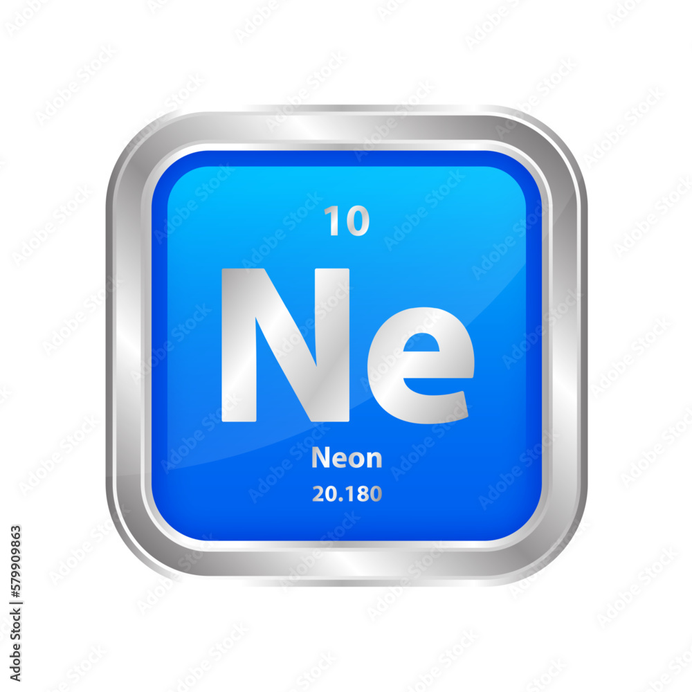 Icon structure Neon (Ne) number 10 chemical element square blue line silver. Periodic table. Sign with atomic number. Study in science for education. 3D vector illustration. Icon structure Neon (Ne) number 10 chemical element square blue line silver. Periodic table. Sign with atomic number. Study in science for education. 3D vector illustration.