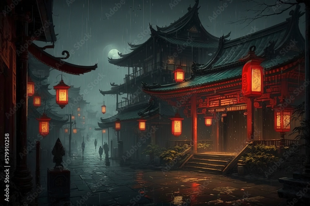 Ancient Chinese architecture, ancient town streets. AI technology generated image