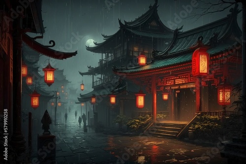 Obraz na płótnie Ancient Chinese architecture, ancient town streets. AI technology generated image w salonie